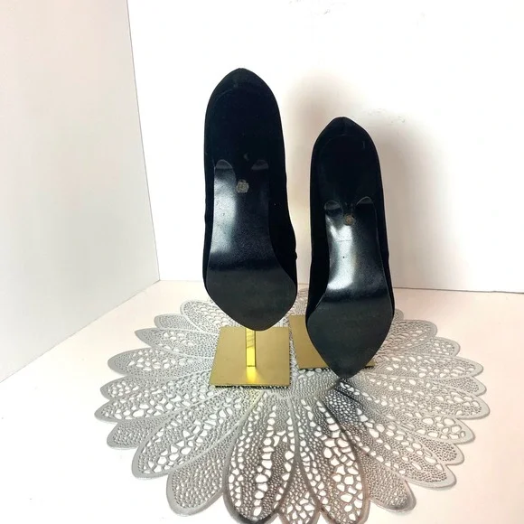Vintage Tavoy Blk Velvet Rhinestone Pleated Fan Pointed Toe Stiletto Pumps Heel - Picture 6 of 10